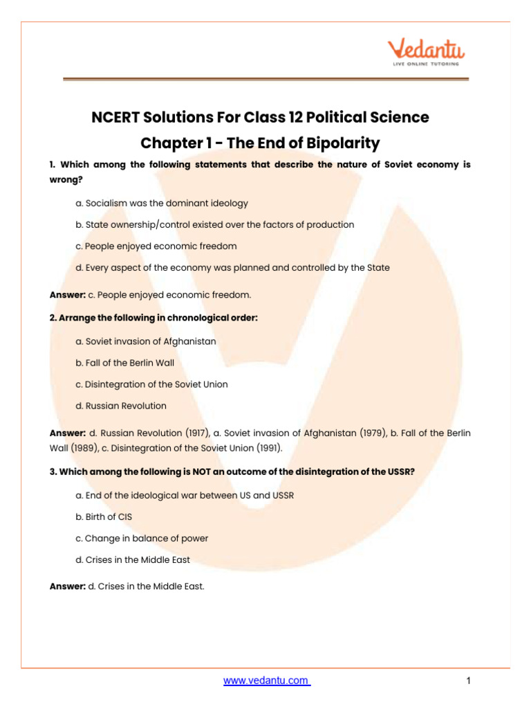 Class 12 Political Science Chapter 1 The End of Bipolarity | PDF ...