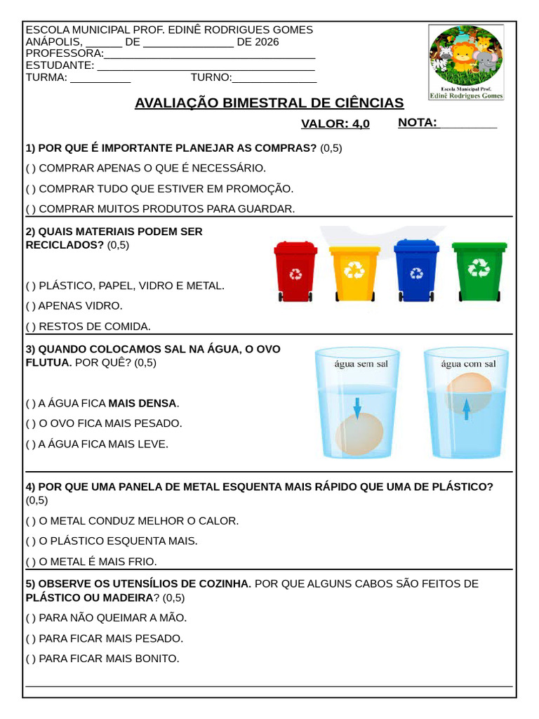 AVALIAÇÃO ADAPTADA 1° BIM CIÊNCIAS 5°B | PDF