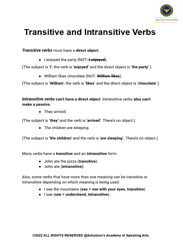 Transitive and Intransitive Verbs | PDF