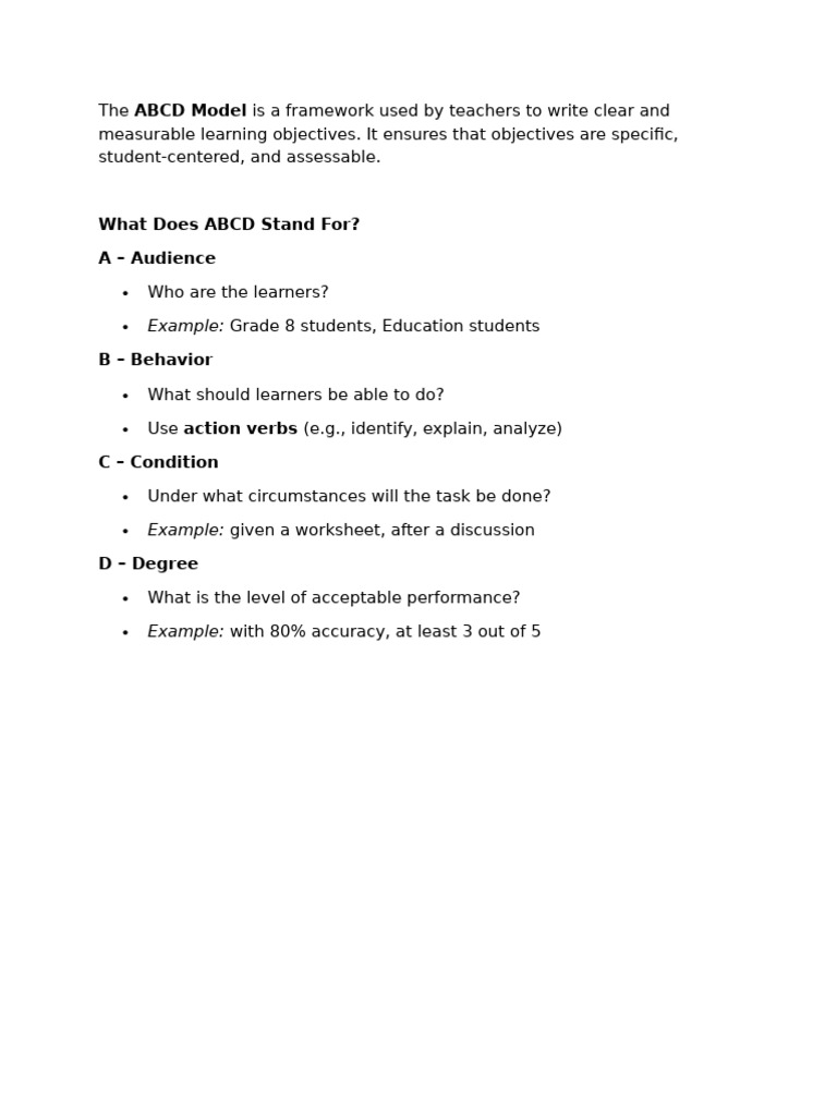 The ABCD Model is a Framework Used by Teachers to Write Clear and ...