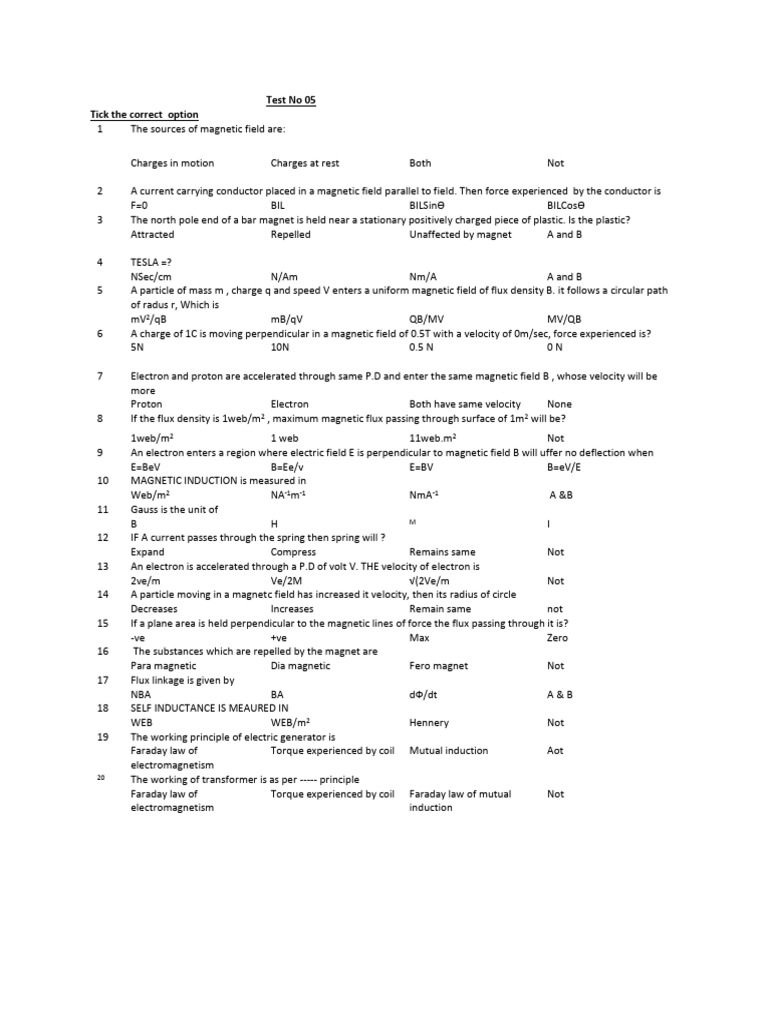 Test No 5 Electromagnetism | PDF | Magnetic Field | Electromagnetic ...