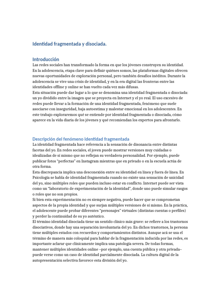Identidad Fragmentada Adolescente FINAL | PDF | Las emociones | Autoestima