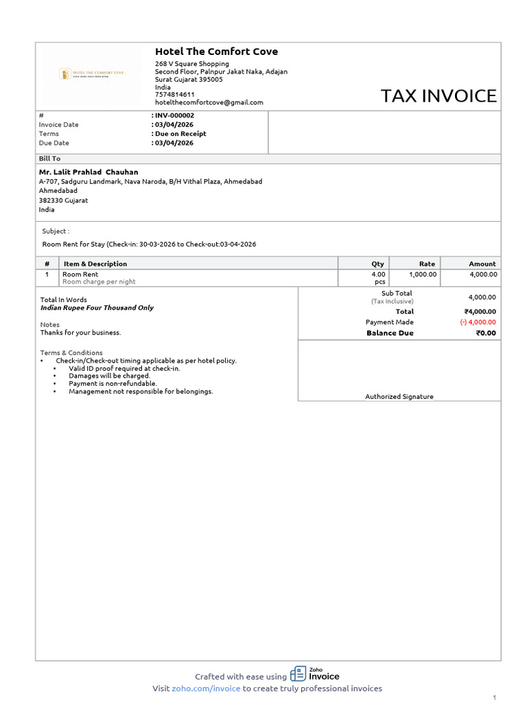 INV-000002 Comfort Cove | PDF | Business Documents | Payments