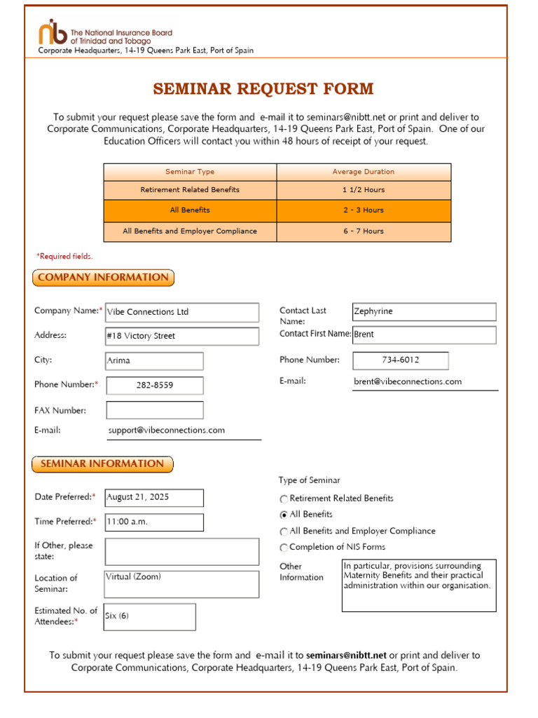 NIB Seminar Form (Vibe Connections Ltd) | PDF