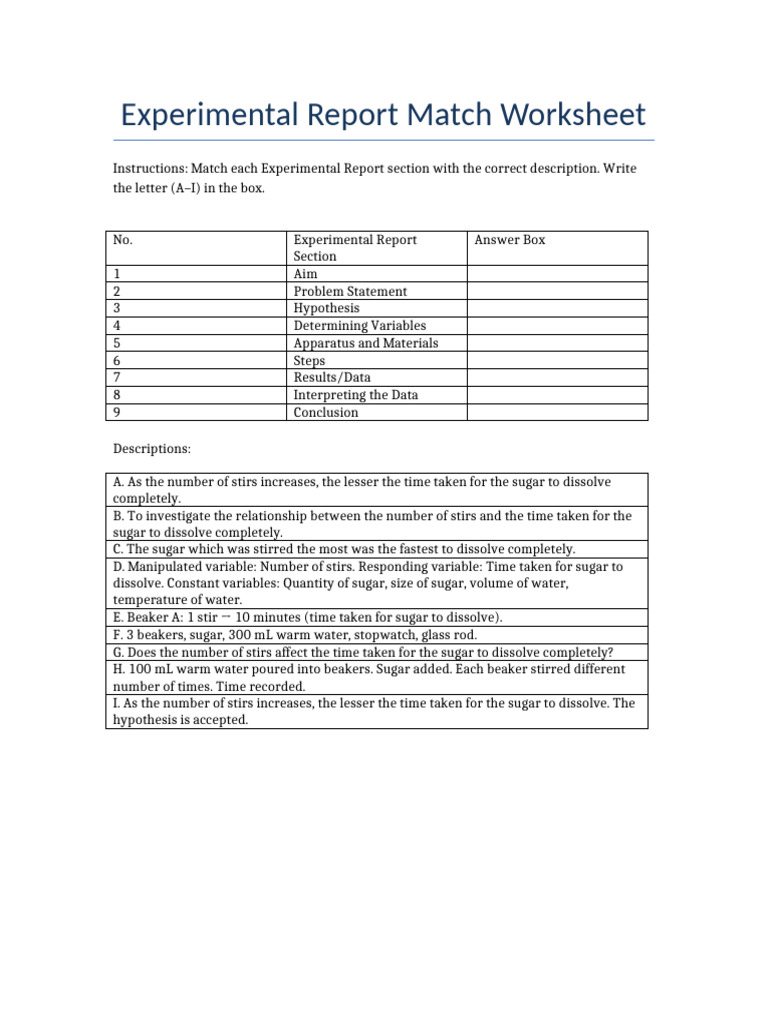 Experimental Report Match Worksheet Boxes (1) | PDF