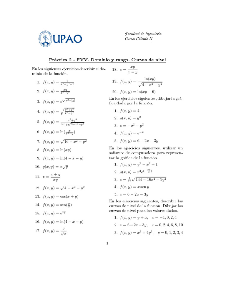 S02+Pr%C3%A1ctica+Funci%C3%B3nVarias+Variables C%C3%A1lculo+II 1 | PDF