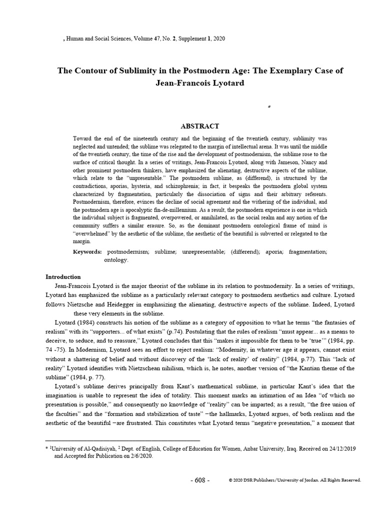 The Contour of Sublimity in the Postmodern Age - The Exemplary Case of ...
