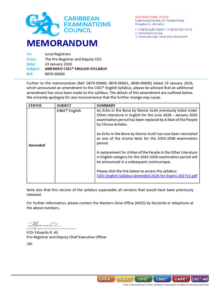 Memo - Amended CSEC English Syllabus - 26January2026 | PDF