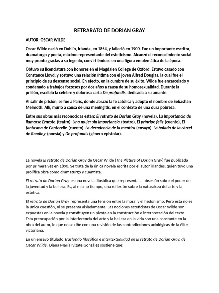 Retrarato de Dorian Gray | PDF | La imagen de Dorian Gray | Oscar Wilde