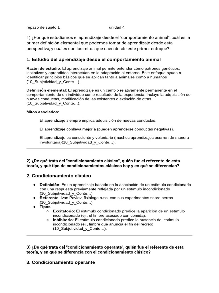 Repaso de Sujeto 1 Unidad 4 | PDF | Aprendizaje | Desarrollo cognitivo