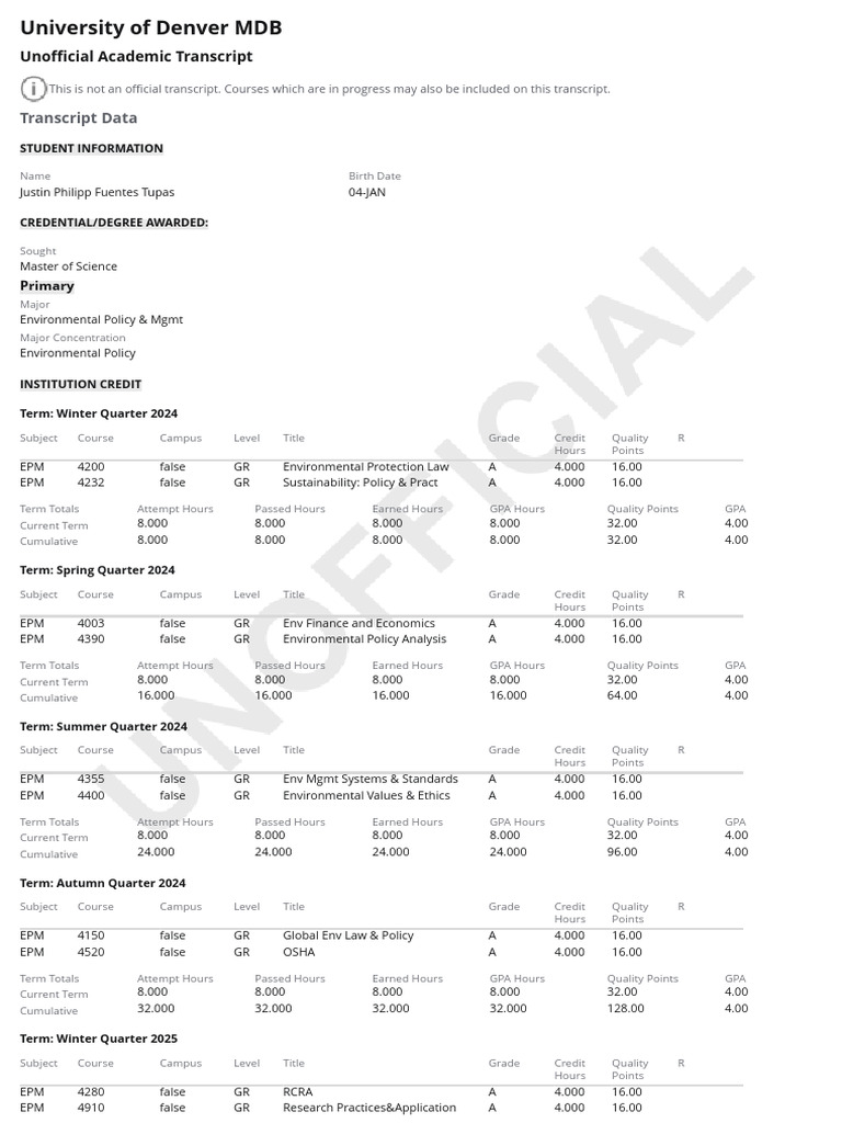 Denver University Transcript | PDF | Academia | Students