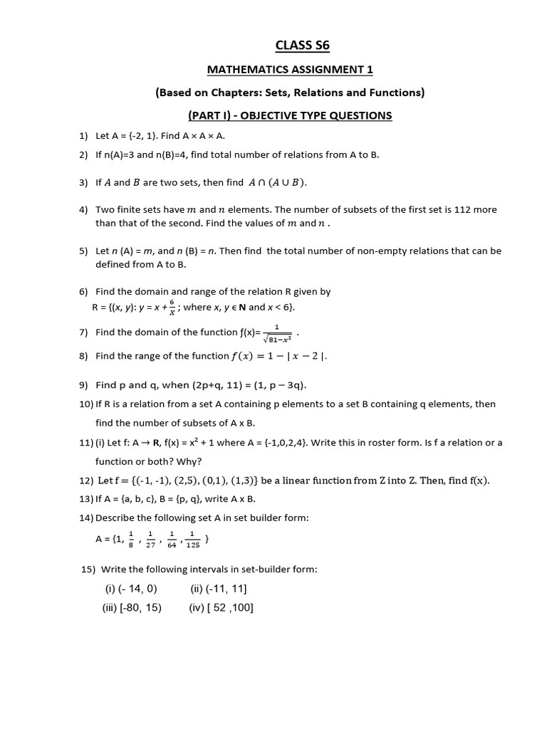 S6 Assignment 1-Ch 1 & 2, 2026-27 | PDF | Set (Mathematics) | Function ...