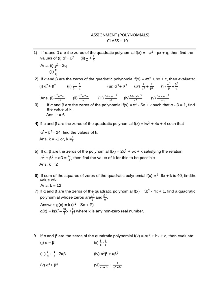 Assignment Polynomials 2 | PDF | Zero Of A Function | Polynomial