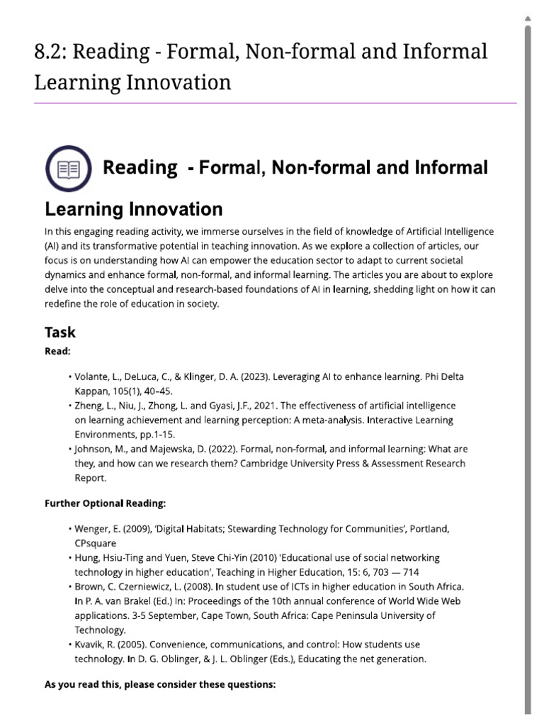 8.2 Reading - Formal, Non-Formal and Informal Learning | PDF