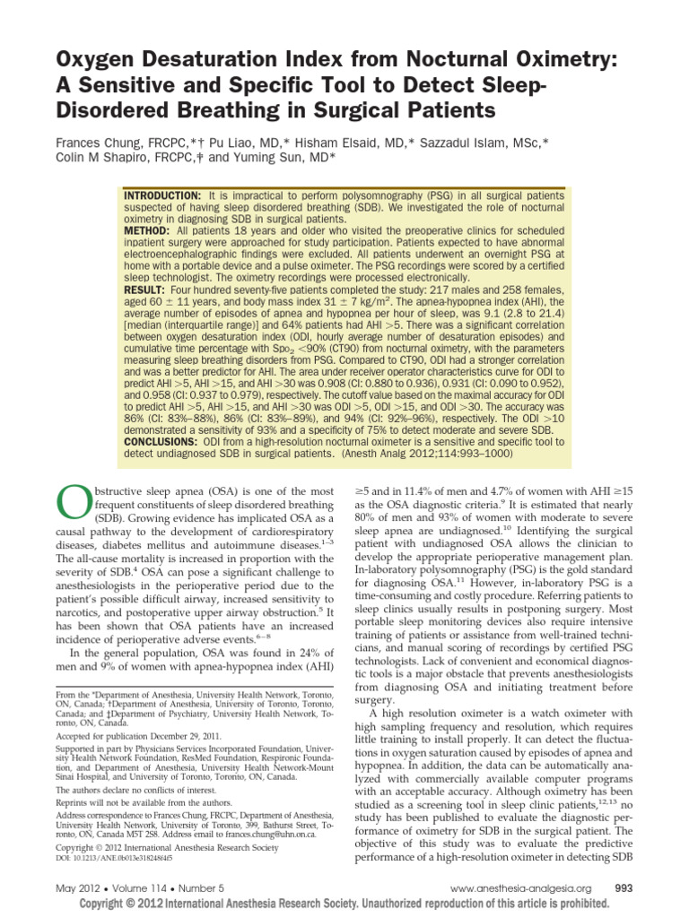 Oxygen Desaturation Index From Nocturnal Oximetry. a Sensitive and ...