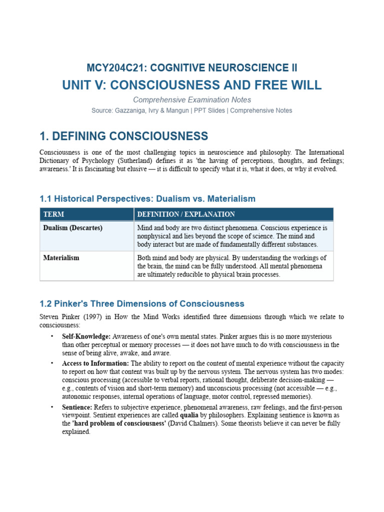 Unit5 Consciousness FreeWill Notes | PDF | Thalamus | Consciousness