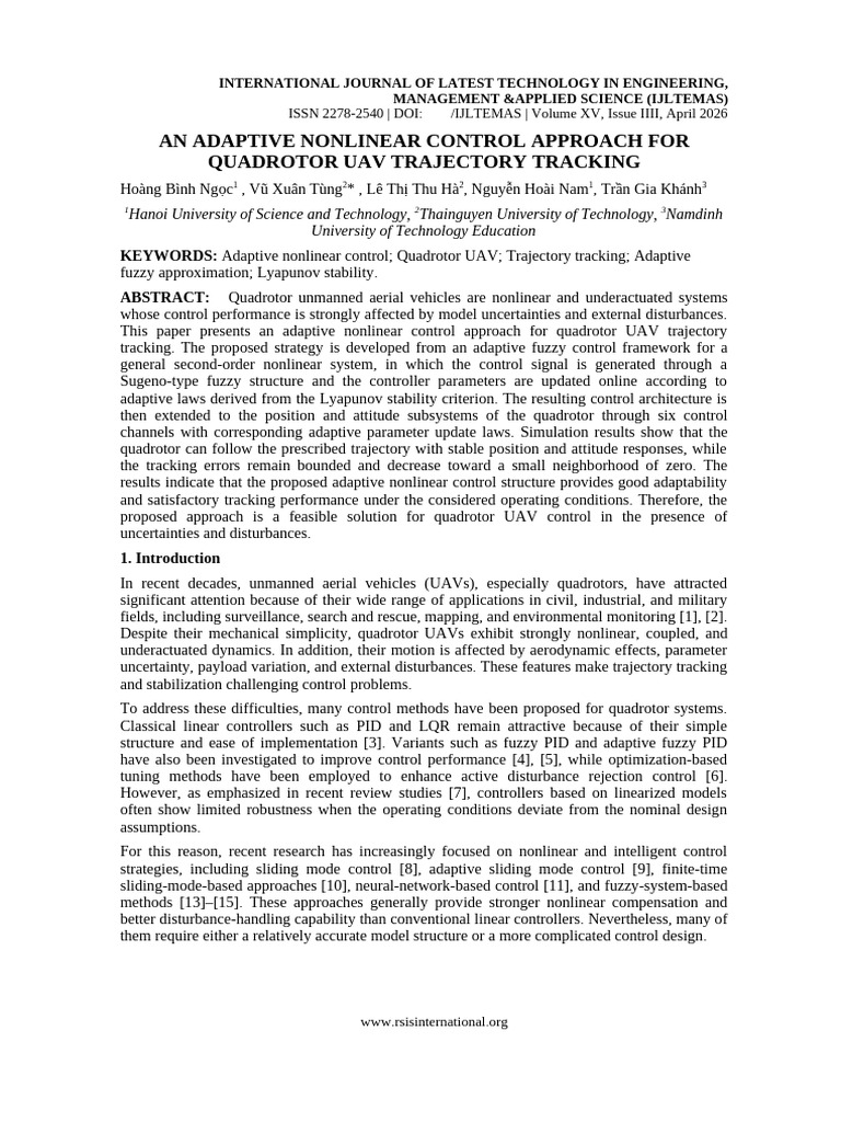 AN ADAPTIVE NONLINEAR CONTROL APPROACH FOR QUADROTOR UAV TRAJECTORY ...