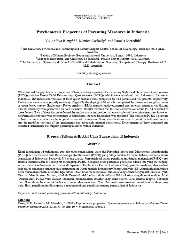 Psychometric Properties of Parenting Measures in I | PDF | Parenting ...
