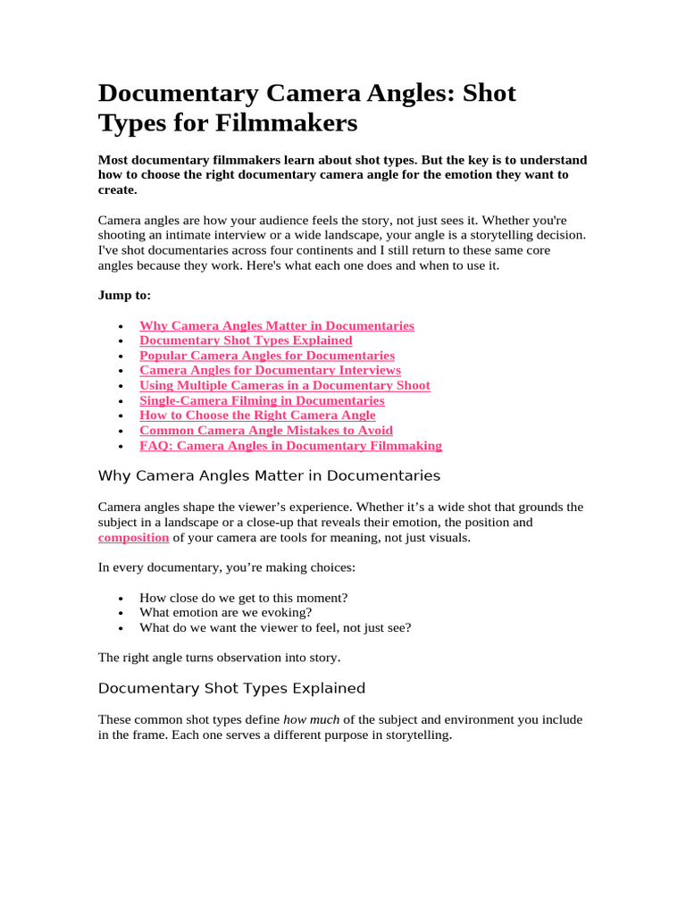 Documentary Camera Angles | PDF | Close Up | Documentary Film