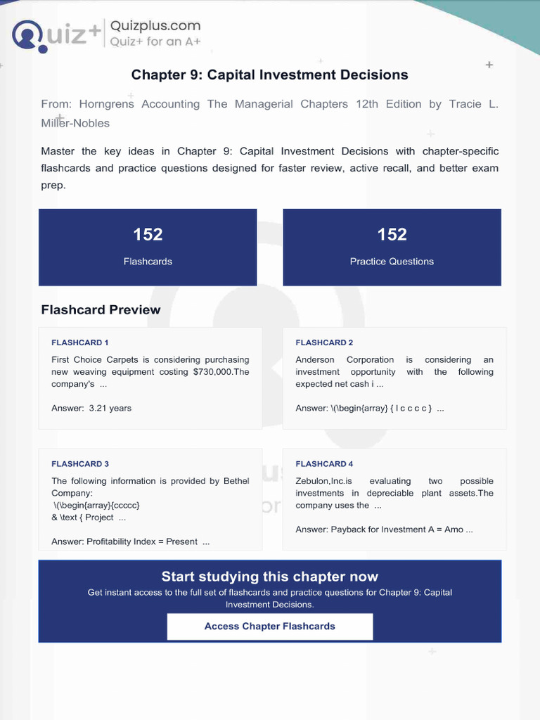 Flashcards for Chapter 9 Capital Investment Decisions | PDF