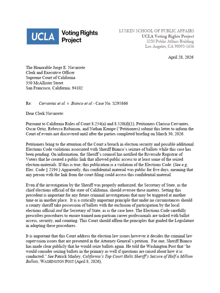 UCLA Voting Rights Project Letter to California Supreme Court | PDF ...