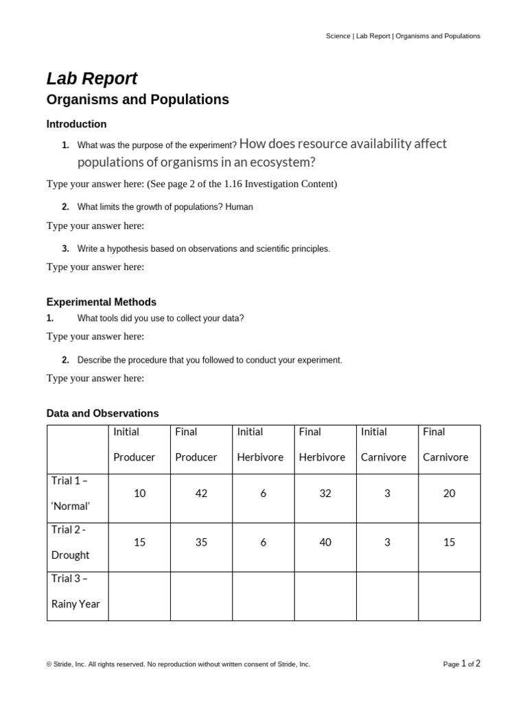 SCI07BDE3 LabReport OrganismsAndPopulations Withdatatable | PDF