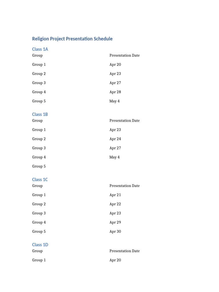 Religion Presentation Schedule Checklist | PDF