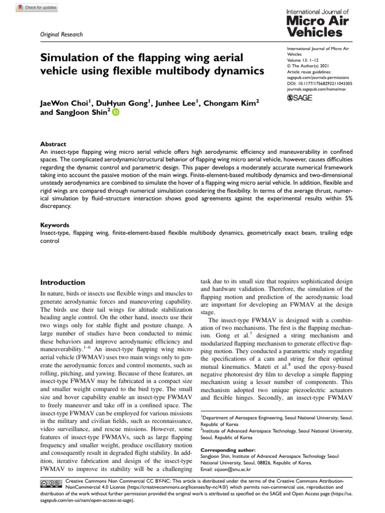 Choi Et Al 2021 Simulation of the Flapping Wing Aerial Vehicle Using ...