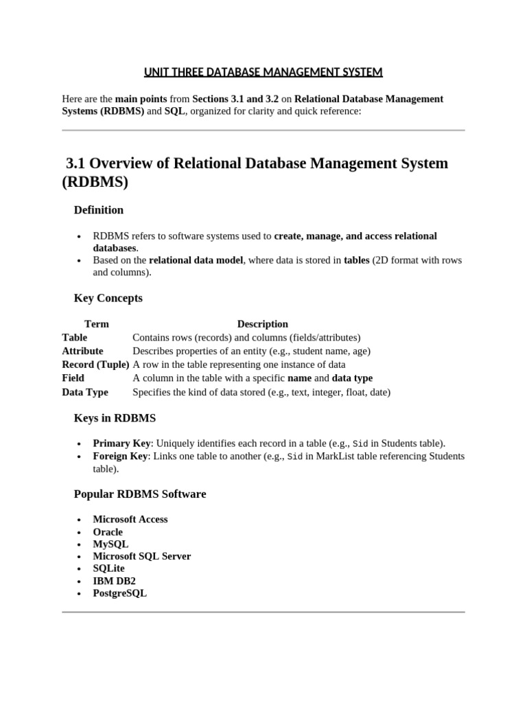 Unit Three g 12 Summery | PDF | Relational Database | Databases
