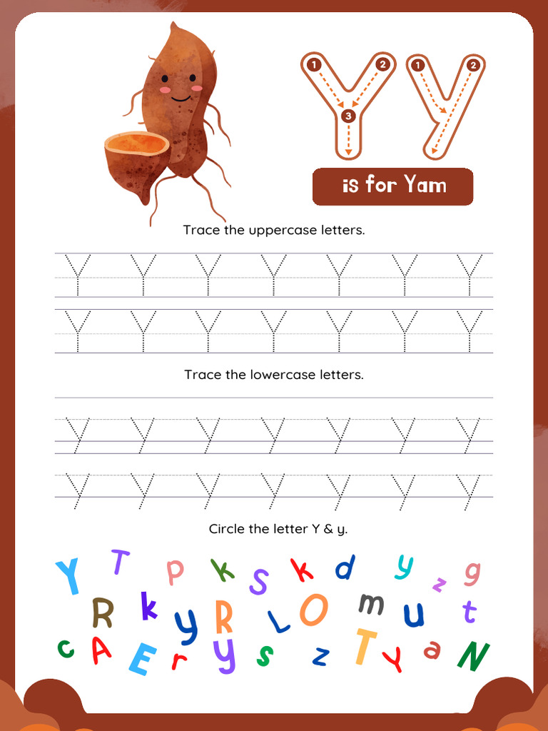 Tracing Letter Y for Yam Worksheet in Brown Fun Illustrative Style | PDF