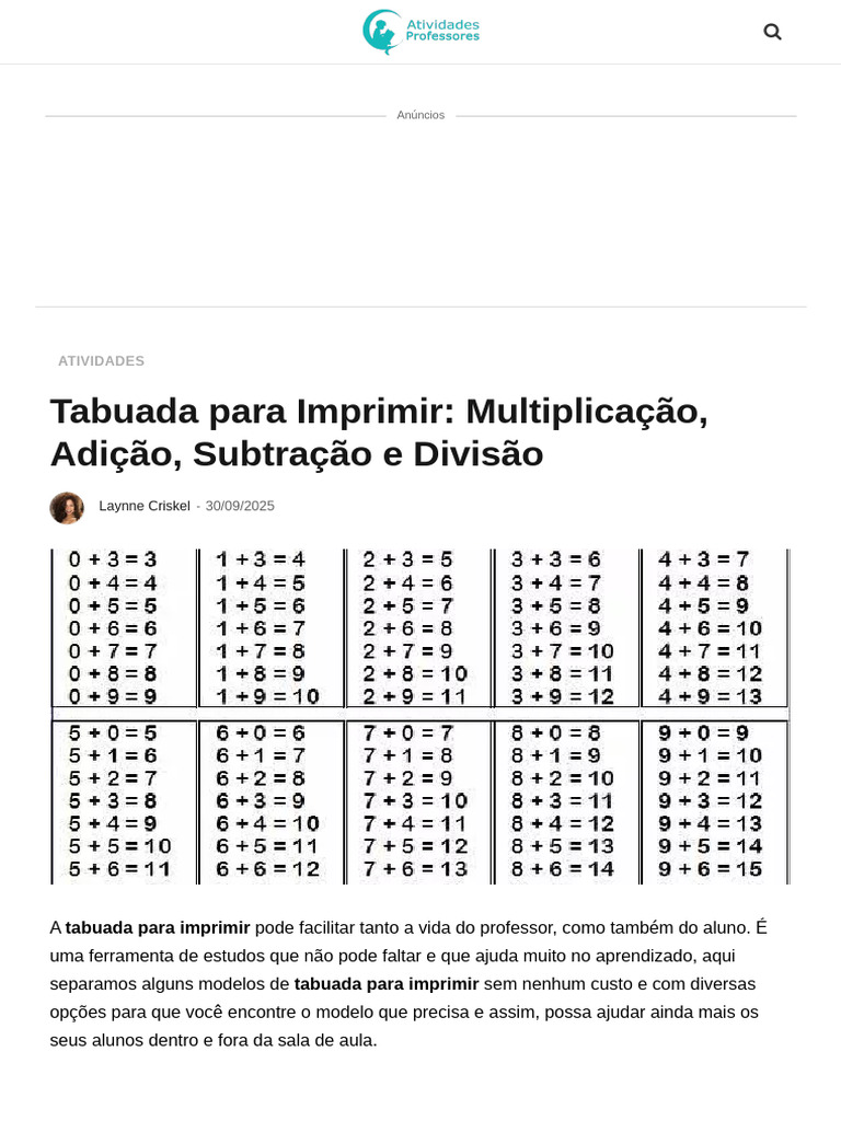TABUADA PARA IMPRIMIR_ Multiplicação, Adição, Subtração e Divisão | PDF ...