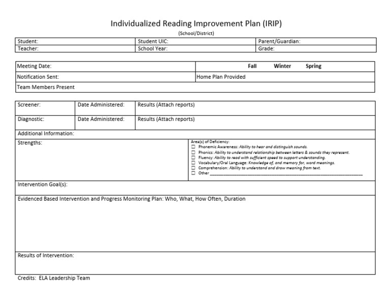 Individualized Reading Improvement Plan Template | PDF