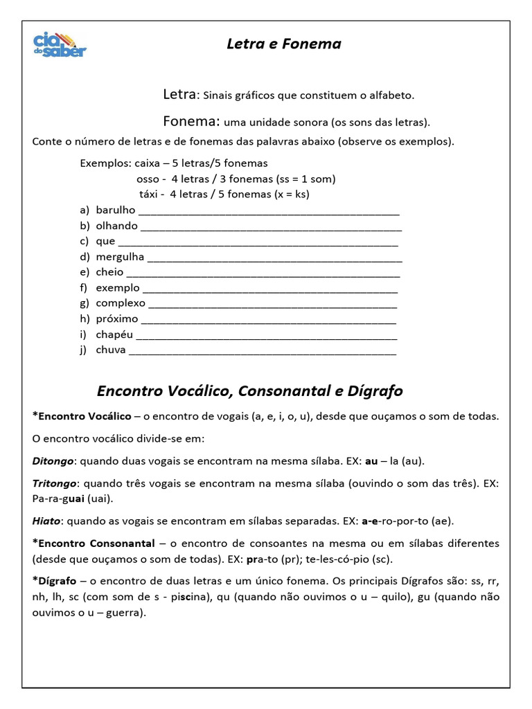 Letra, Fonema, Dígrafo, Encontros Vocálicos e Consonantais | PDF ...