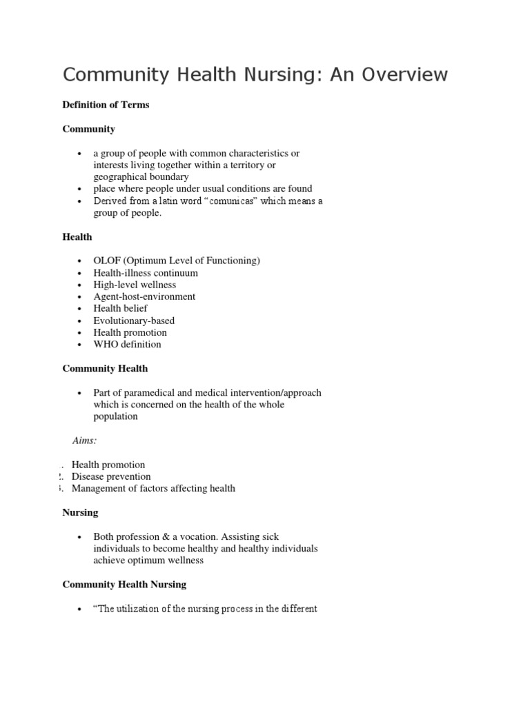 Overview of Community Health Nursing | PDF | Nursing | Public Health