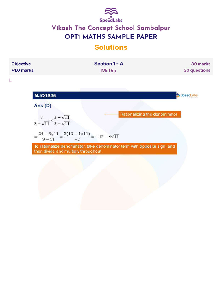 Opt1 Maths Sample Paper - Solutions | PDF