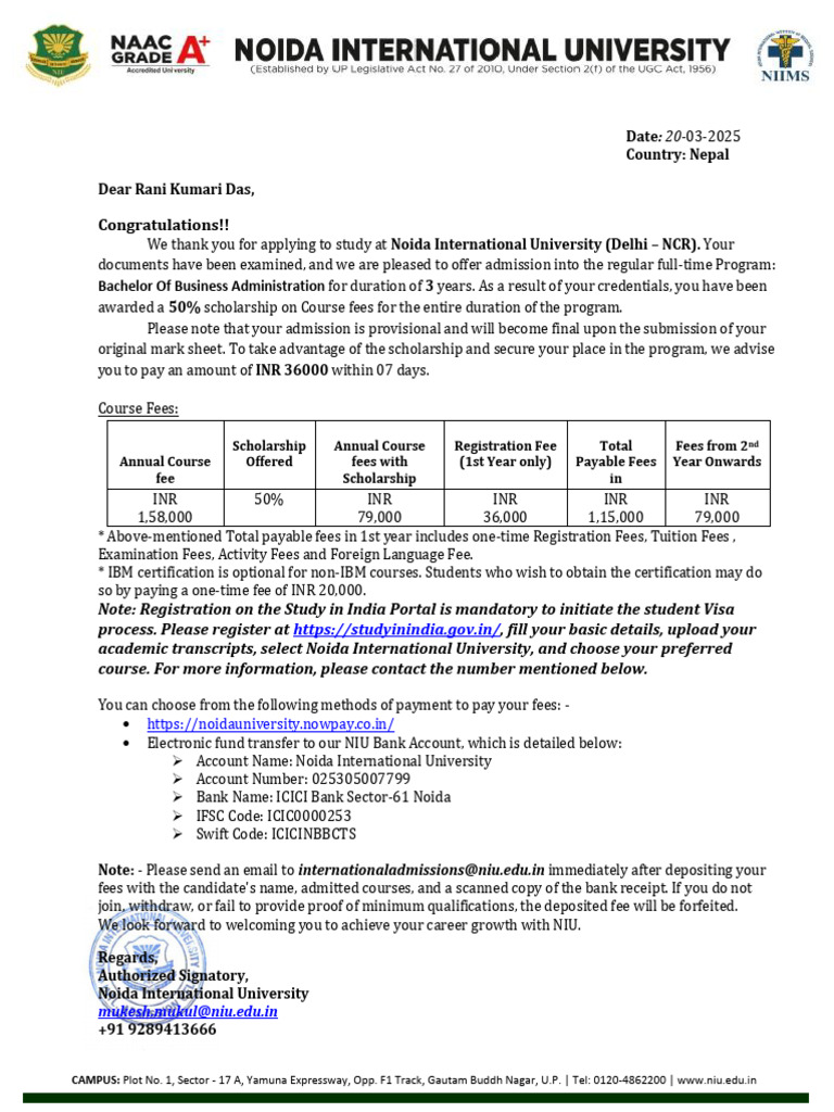 Rani Kumari Das Offer Letter | PDF