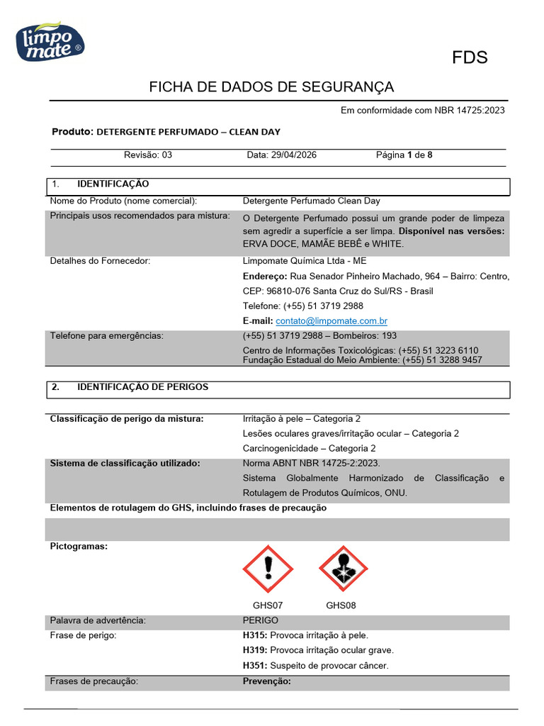 FDS Detergente Perfumado (Detergente Erva Doce Clean Day - Lote 222 ...