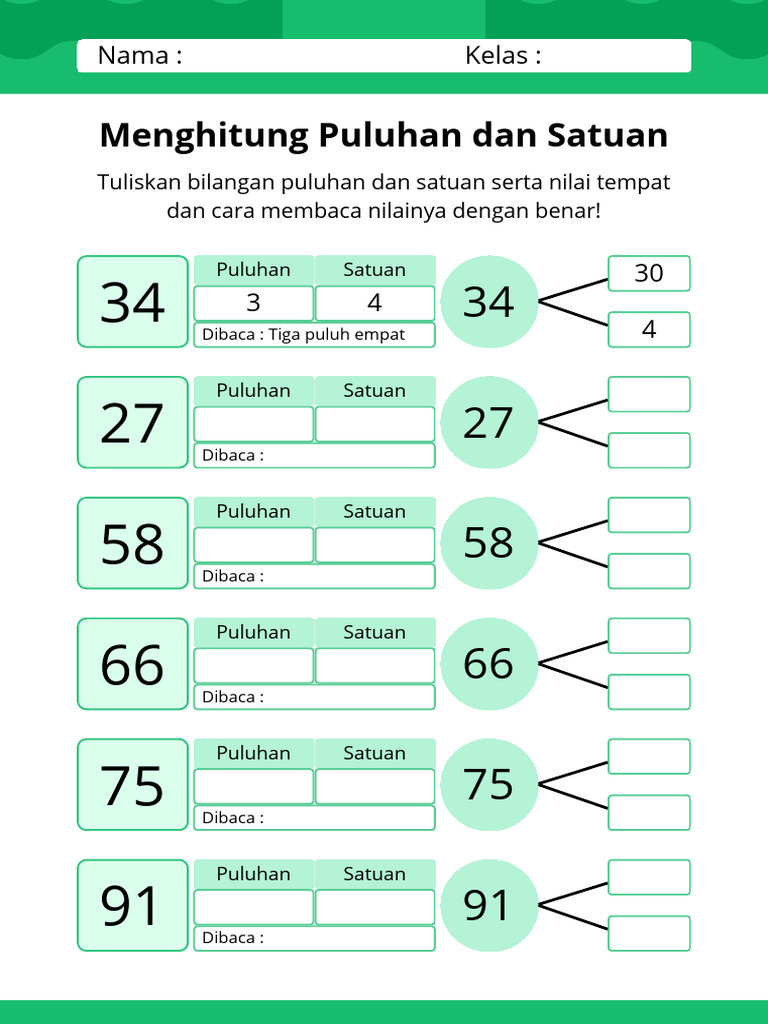 Lembar Kerja Menghitung Puluhan Dan Satuan Bilangan Dalam Gaya ...