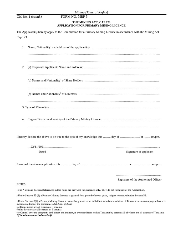 Application Form For Primary Mining Licence 1 1 | PDF