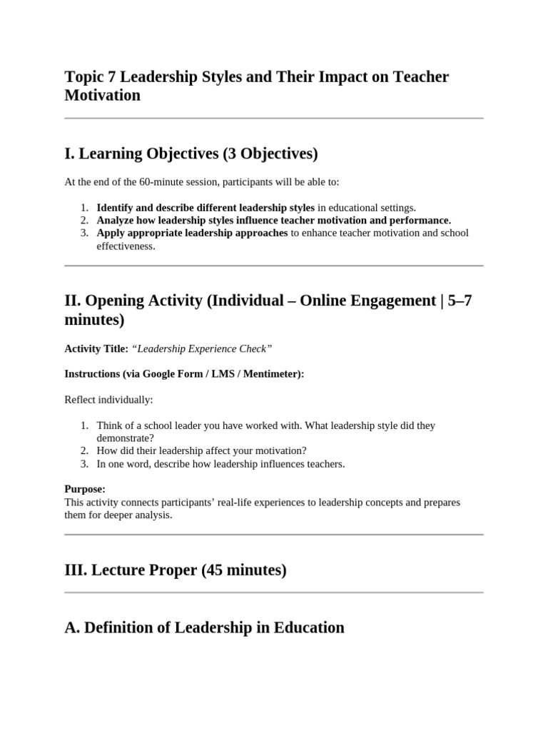 Topic 7 Leadership Styles and Their Impact on Teacher Motivation | PDF ...