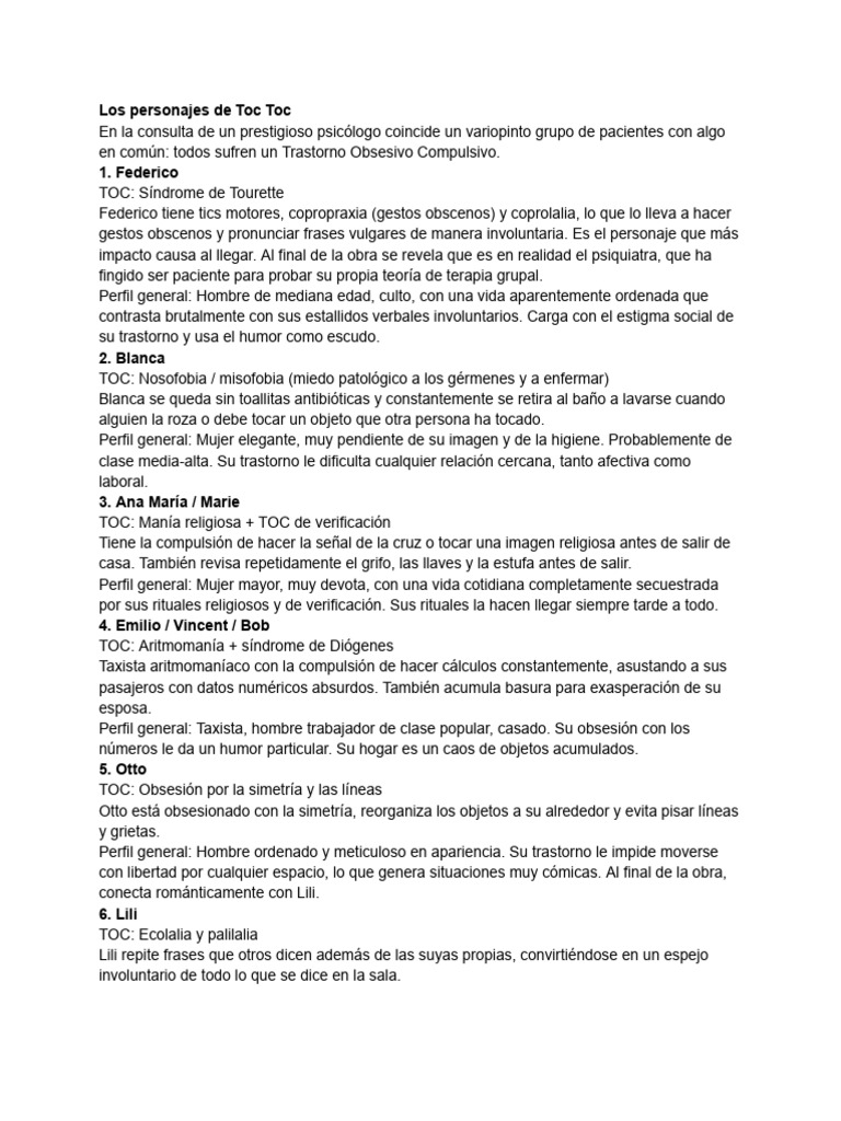 Toc Toc Personajes | PDF | Desorden obsesivo compulsivo | Salud mental
