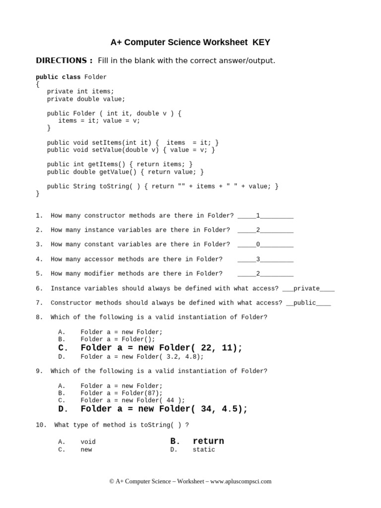 Class Worksheet1 Java Aplus Key | PDF