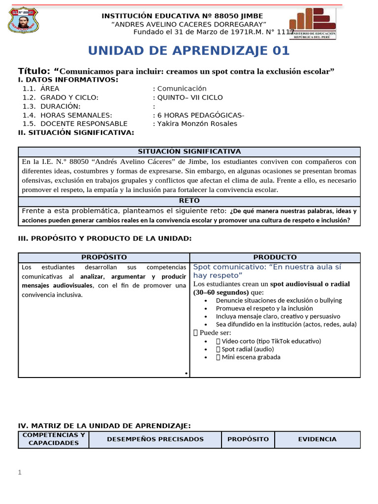 Unidad 1 de Aprendizaje 4to | PDF | Aprendizaje | Comprensión lectora