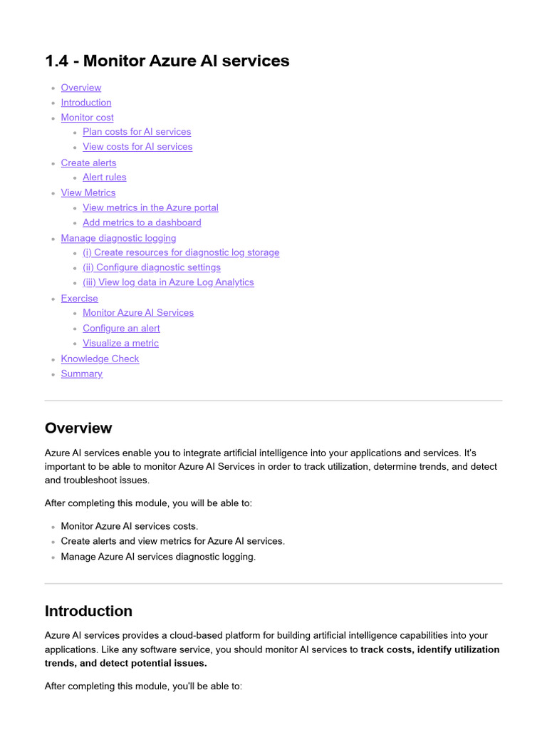 1.4 - Monitor Azure AI Services | PDF | Microsoft Azure | Artificial ...