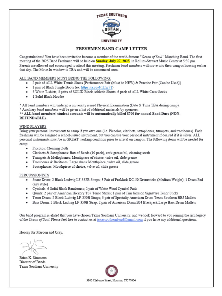 2025 FRESHMEN Band Camp Letter | PDF | Trombone | Musical Instruments