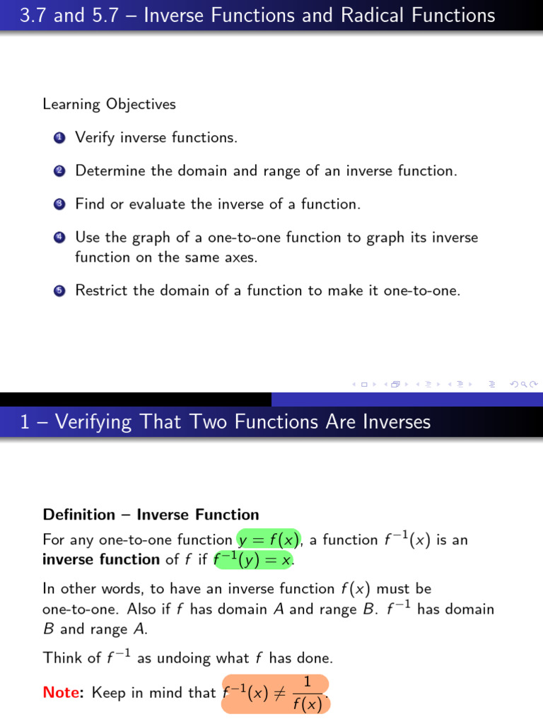 195-3.7 & 5.7 Inverse Functions and Radical Functions - Notes | PDF ...