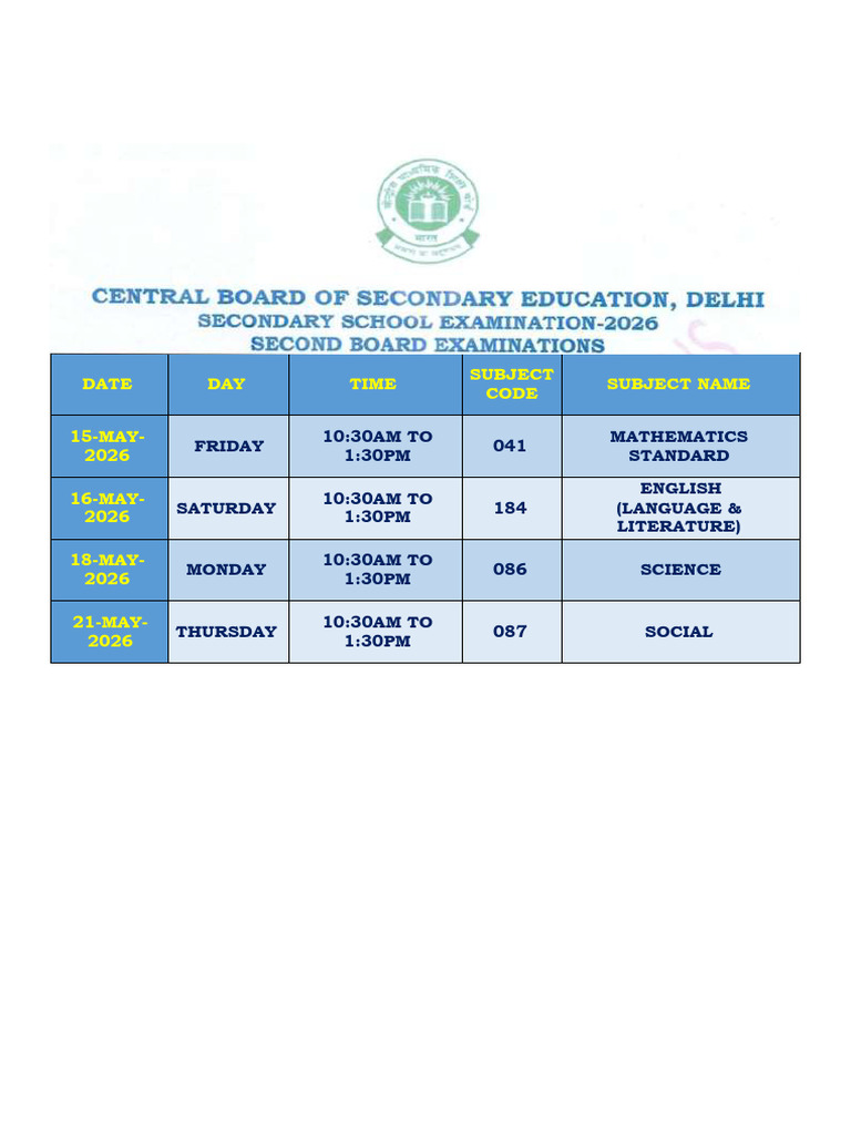 Cbse Grade x Second Exam Date Sheet May 2026 | PDF