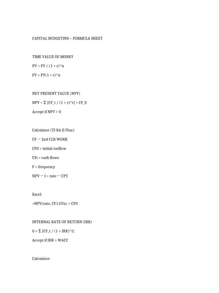 Capital Budgeting Formula Sheet | PDF