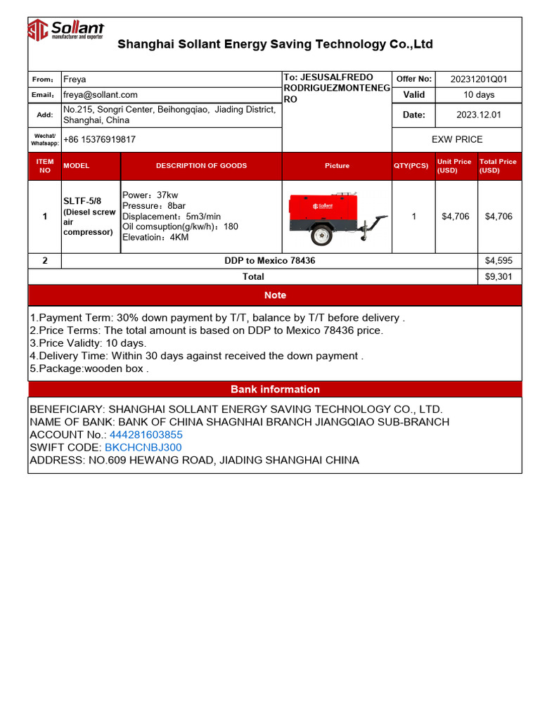 Diesel Compressor-Sollant 37kw Quotation | PDF | Diesel Engine | Engines