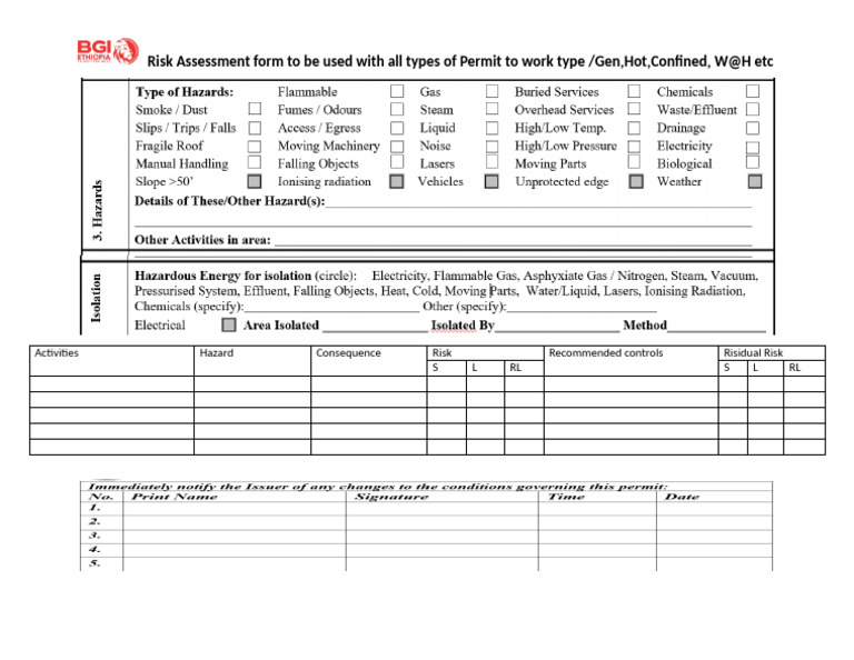 Risk Assessment Format For All Permit To Work Type | PDF